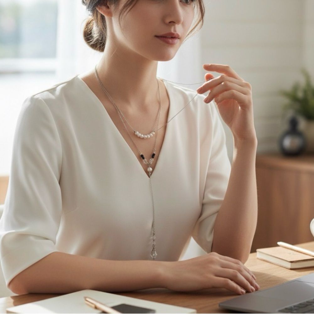 NAKAMOL Pearl Lariat Necklace Silver Tone Y Drop Artisan